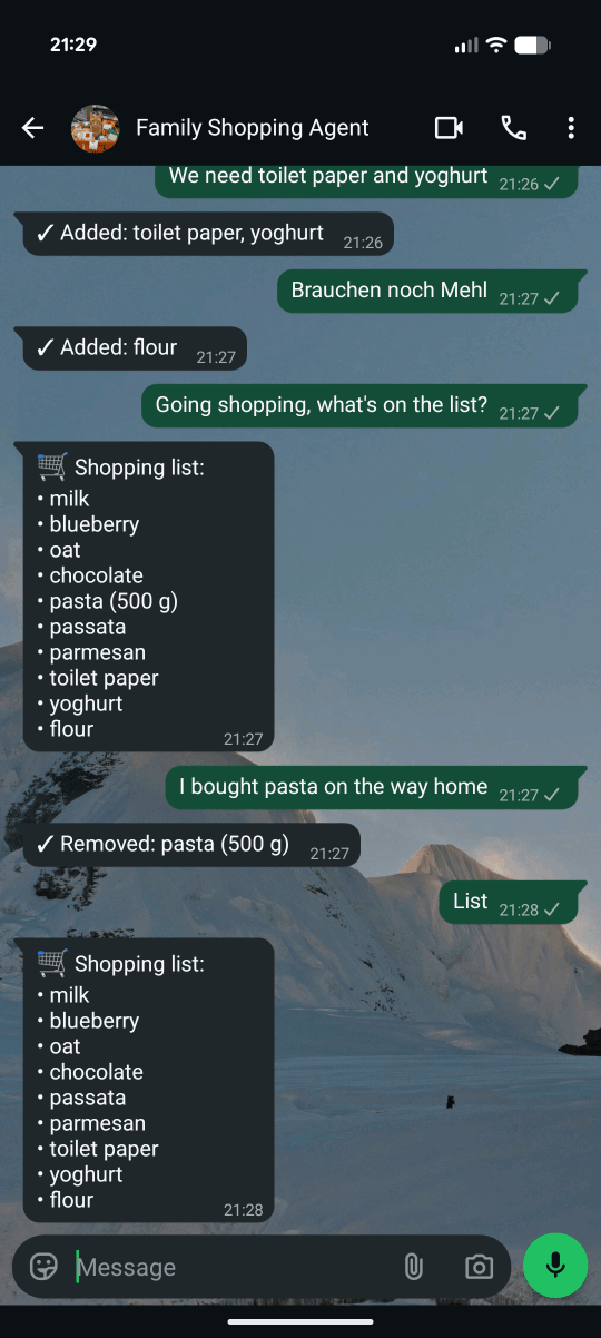 WhatsApp conversation with the shopping agent
